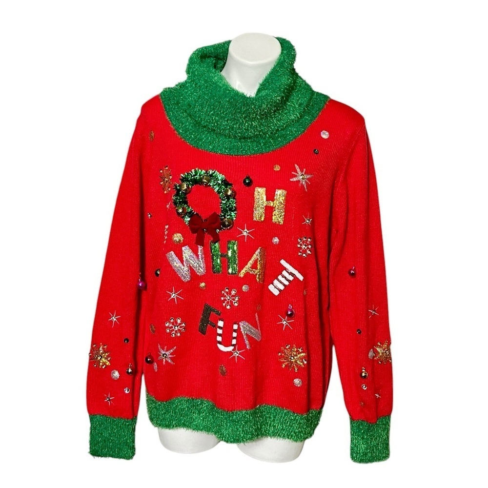 Holiday Time “Oh What Fun” Ugly Christmas Sweater Size X Large Red/Green